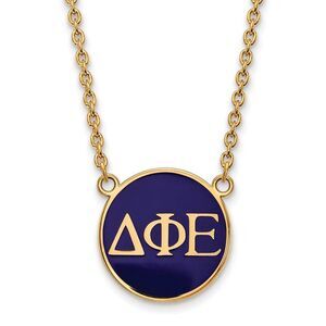 14K Plated Silver Delta Phi Epsilon Large Blue Enamel Disc Necklace